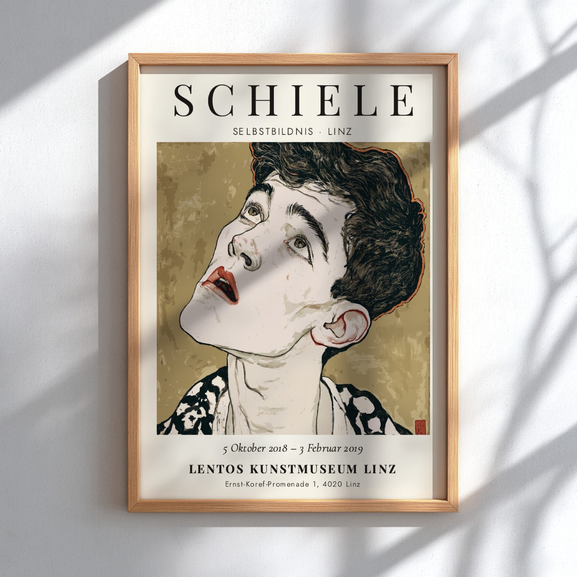 Egon Schiele exhibition poster featuring Selbstbildnis, showcasing expressionist style and bold colors