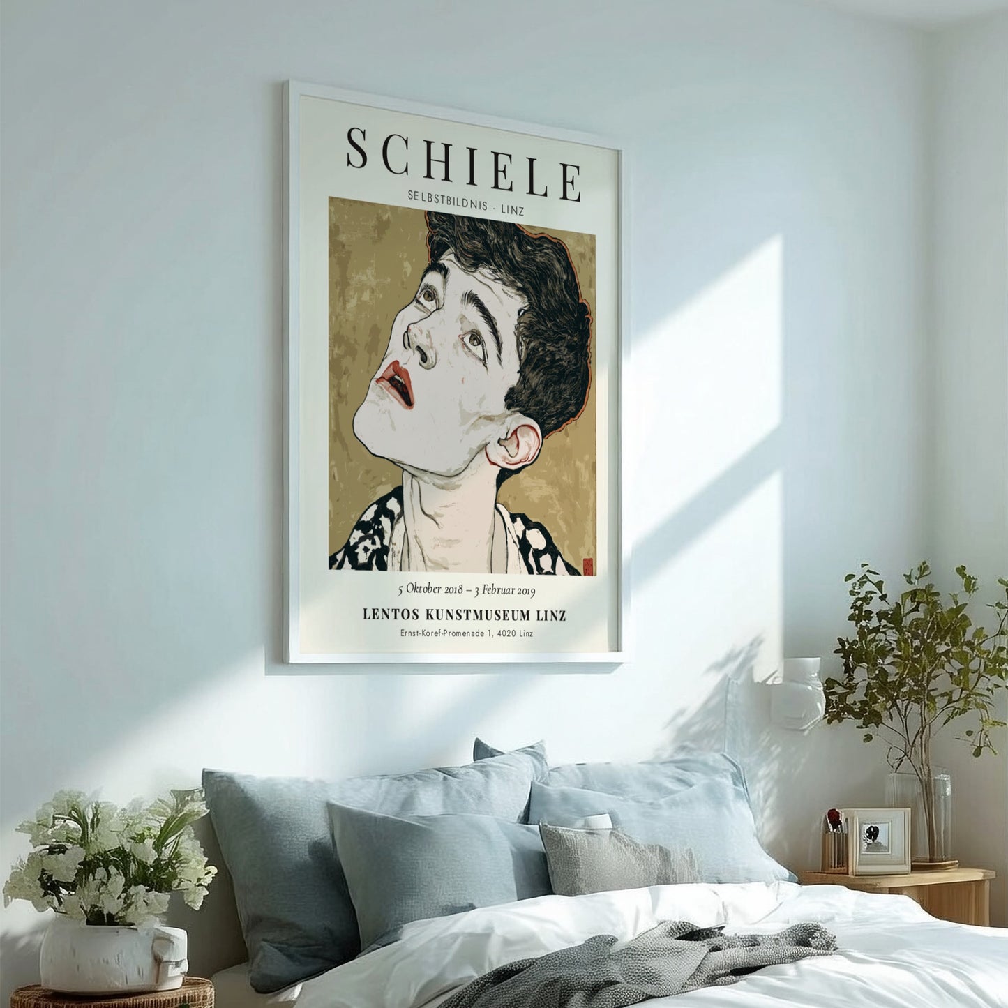 Egon Schiele exhibition poster featuring Selbstbildnis, showcasing expressionist style and bold colors