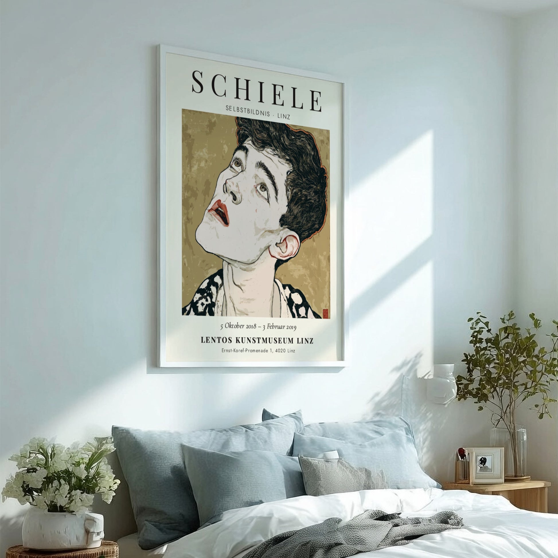 Egon Schiele exhibition poster featuring Selbstbildnis, showcasing expressionist style and bold colors