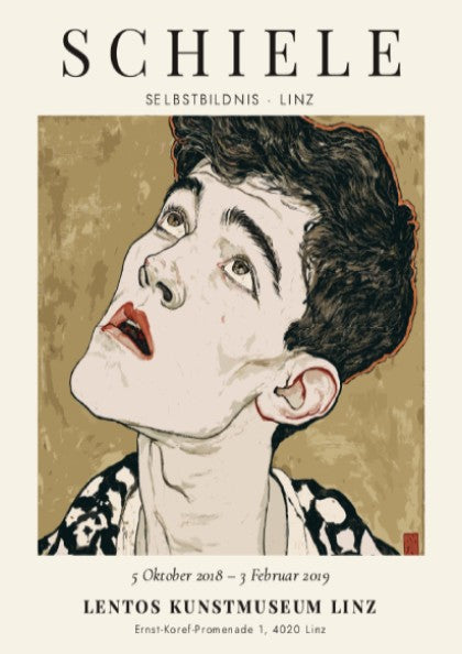Egon Schiele exhibition poster featuring Selbstbildnis, showcasing expressionist style and bold colors