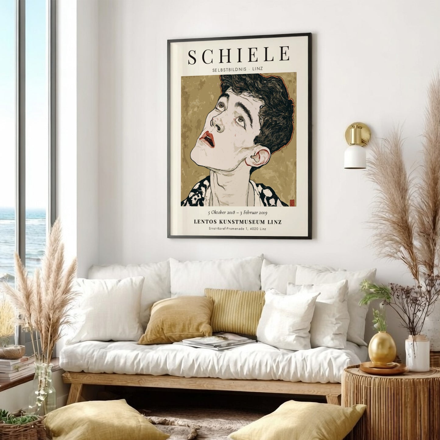 Egon Schiele exhibition poster featuring Selbstbildnis, showcasing expressionist style and bold colors