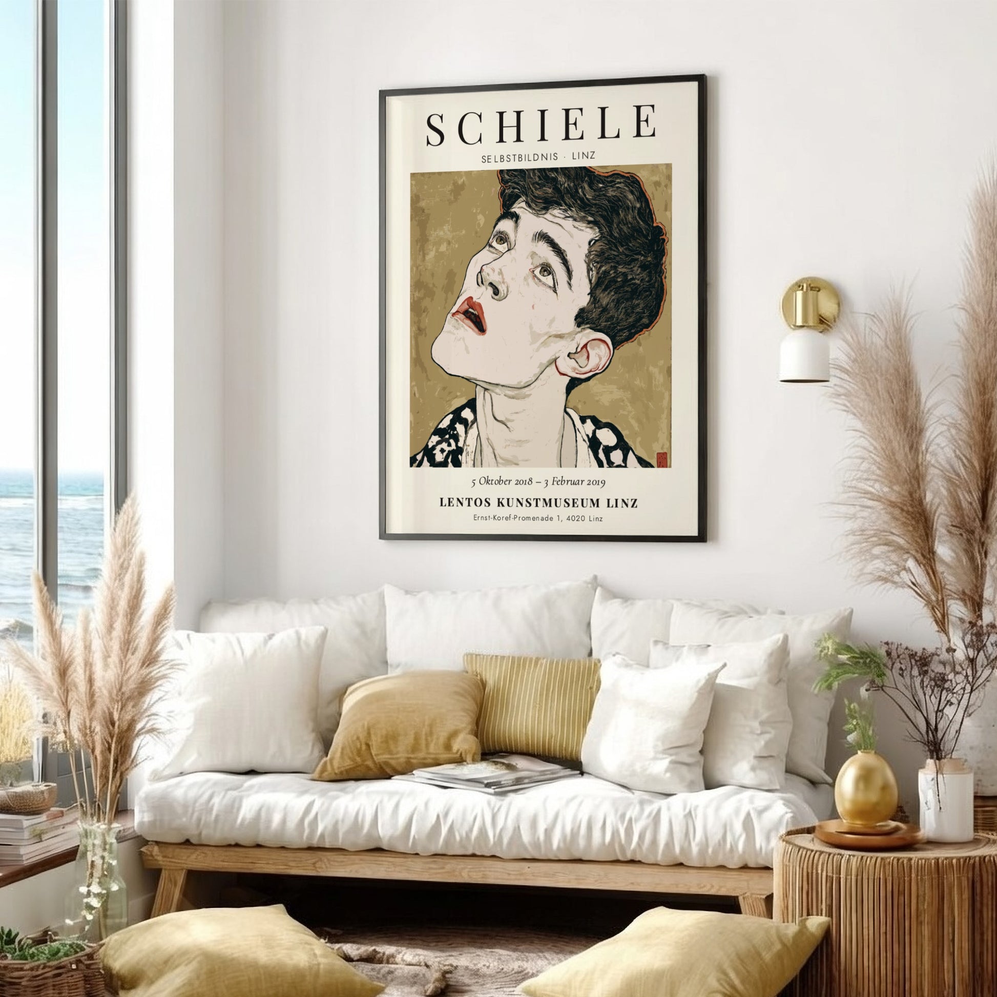 Egon Schiele exhibition poster featuring Selbstbildnis, showcasing expressionist style and bold colors