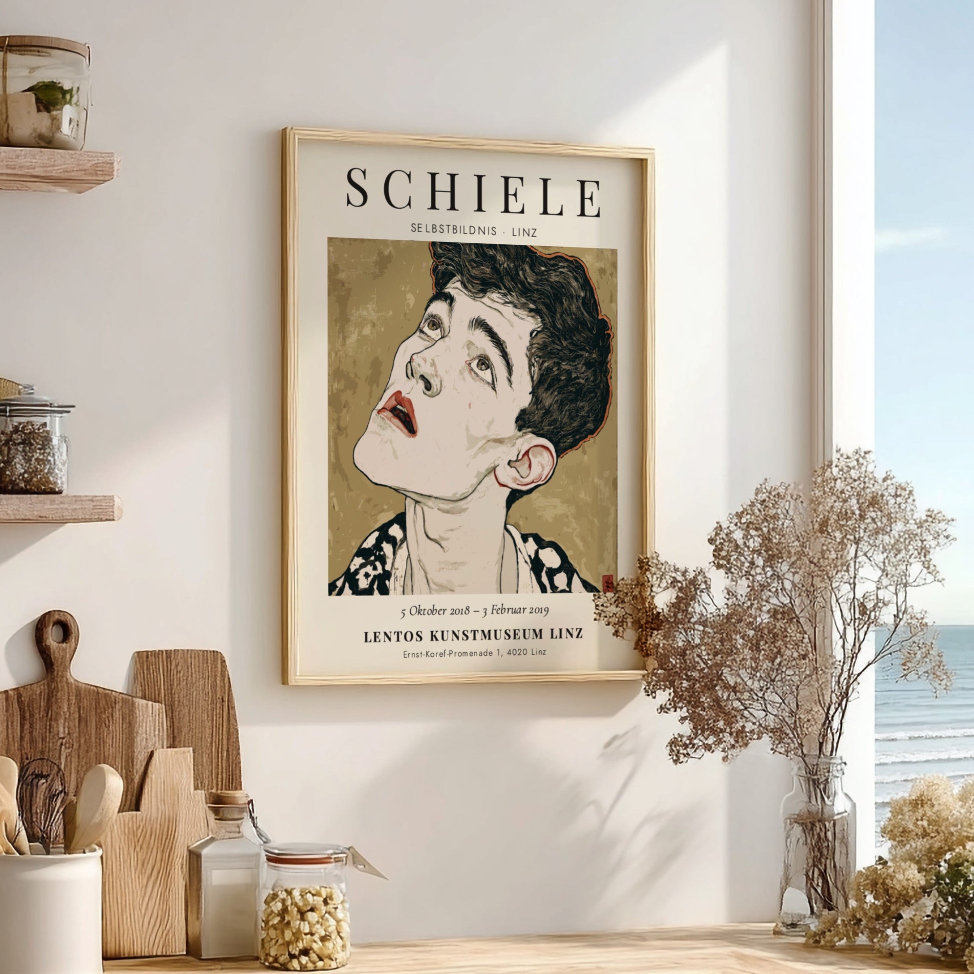 Egon Schiele exhibition poster featuring Selbstbildnis, showcasing expressionist style and bold colors