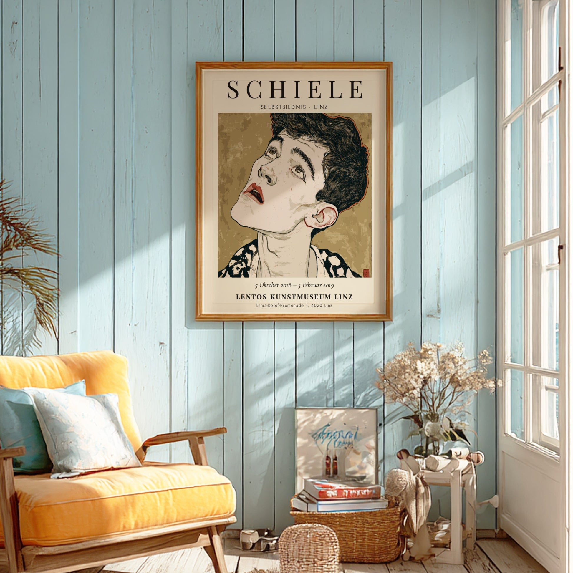 Egon Schiele exhibition poster featuring Selbstbildnis, showcasing expressionist style and bold colors