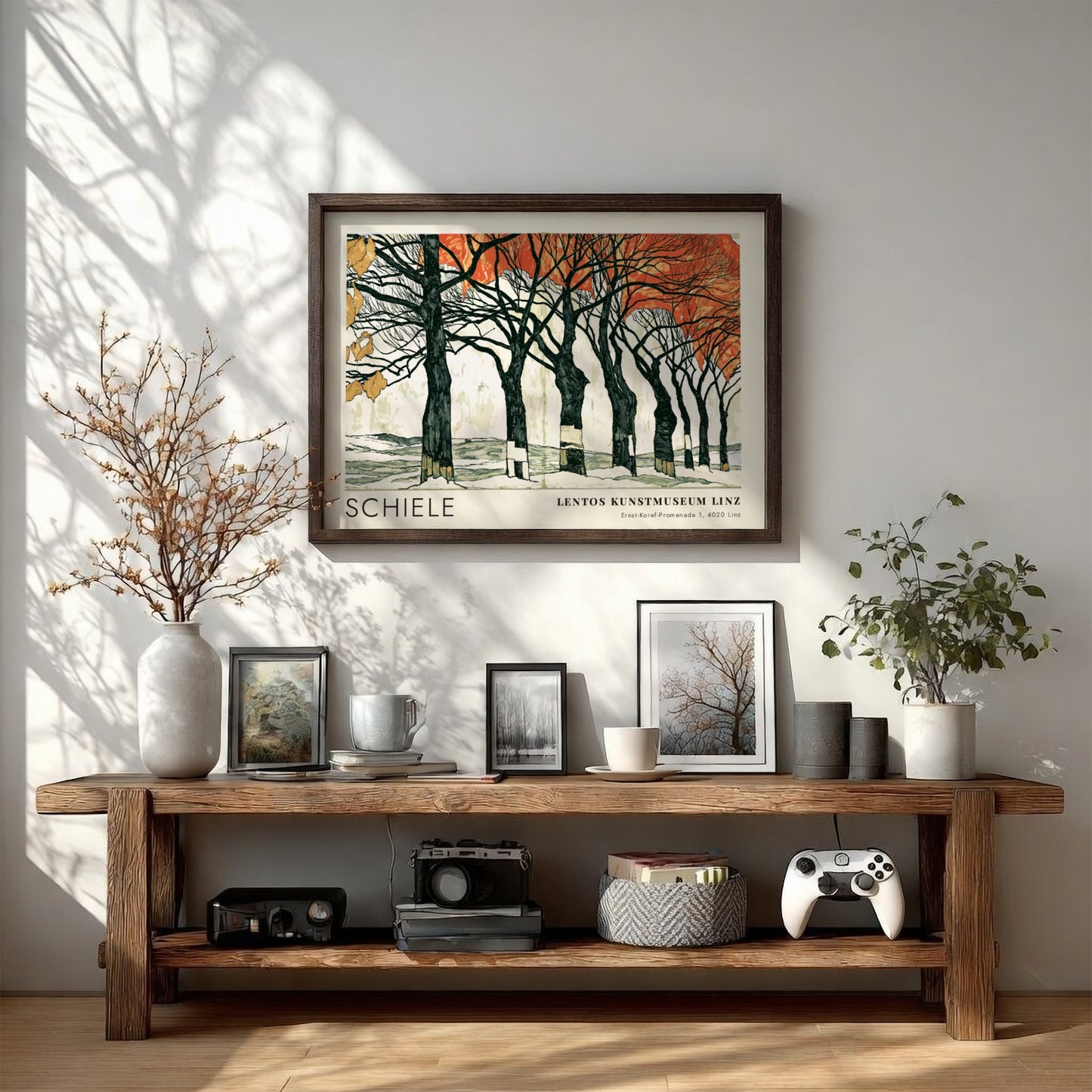Wall art poster featuring Egon Schiele Linz exhibition artwork with dark trees and orange leaves.
