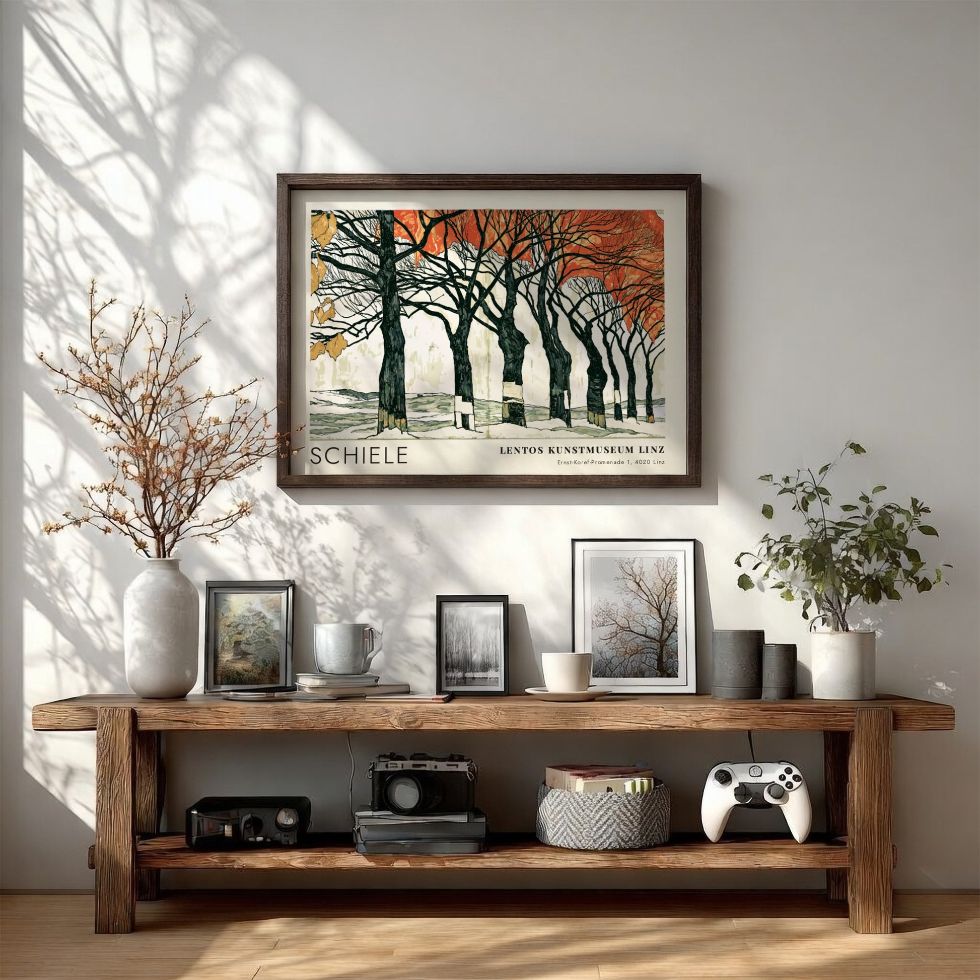 Wall art poster featuring Egon Schiele Linz exhibition artwork with dark trees and orange leaves.
