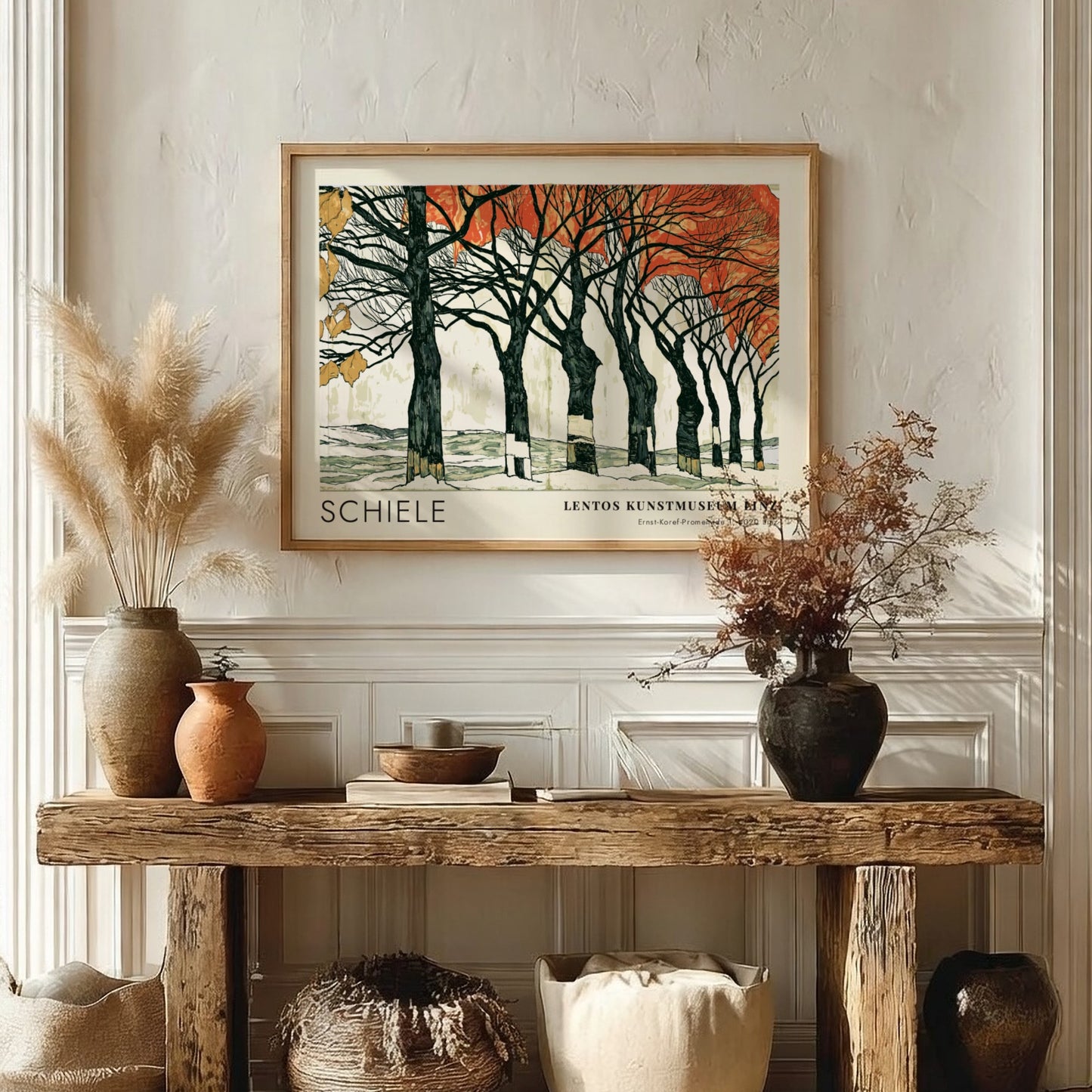Wall art poster featuring Egon Schiele Linz exhibition artwork with dark trees and orange leaves.