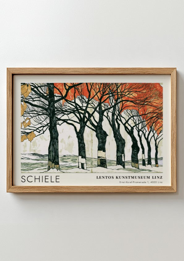 Wall art poster featuring Egon Schiele Linz exhibition artwork with dark trees and orange leaves.