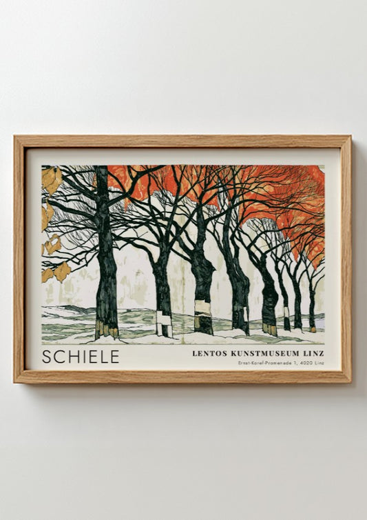 Wall art poster featuring Egon Schiele Linz exhibition artwork with dark trees and orange leaves.