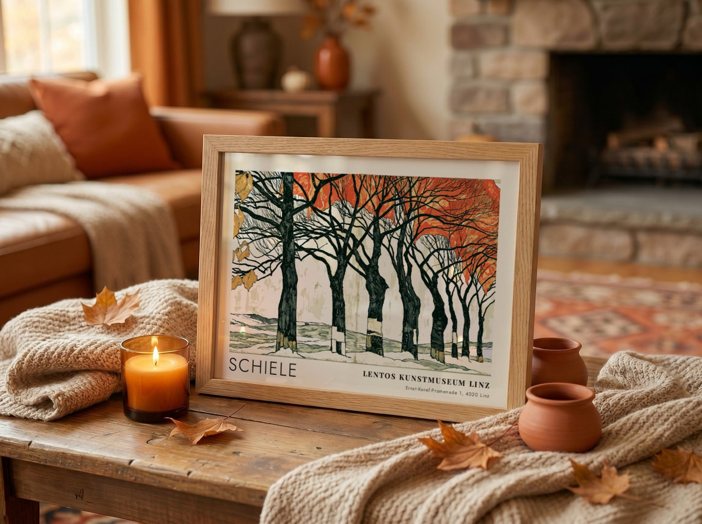 Wall art poster featuring Egon Schiele Linz exhibition artwork with dark trees and orange leaves.