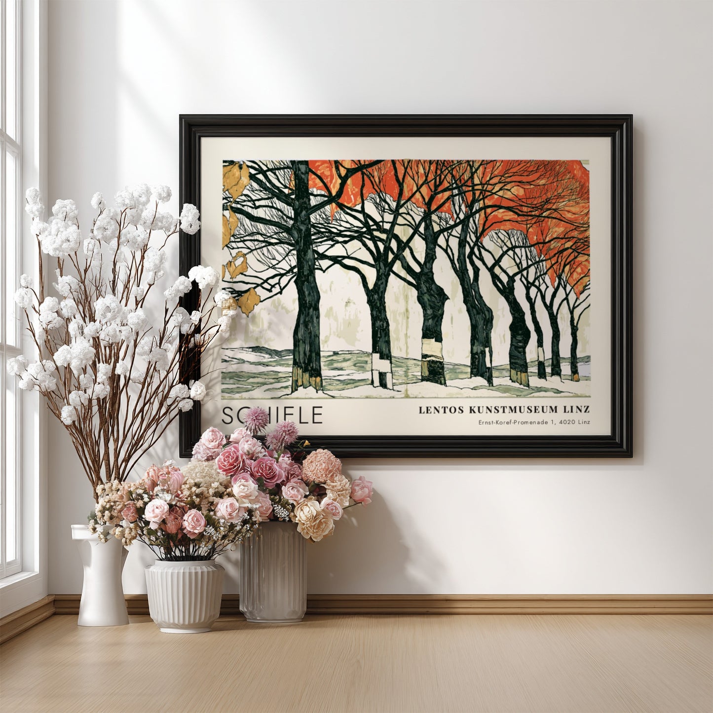 Wall art poster featuring Egon Schiele Linz exhibition artwork with dark trees and orange leaves.