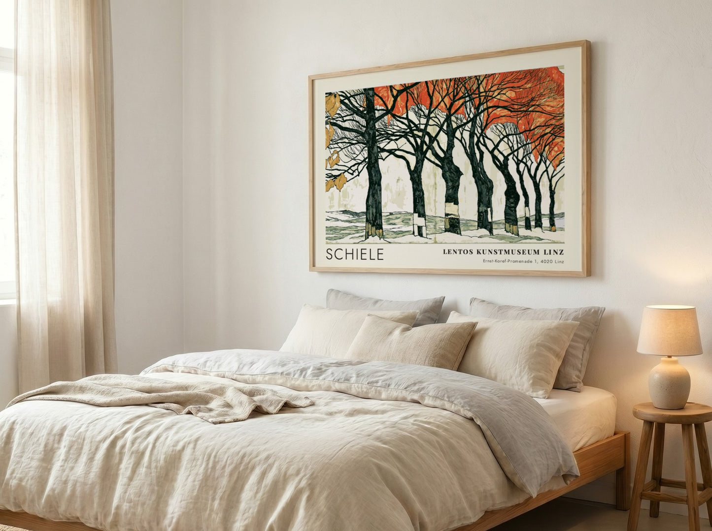 Wall art poster featuring Egon Schiele Linz exhibition artwork with dark trees and orange leaves.