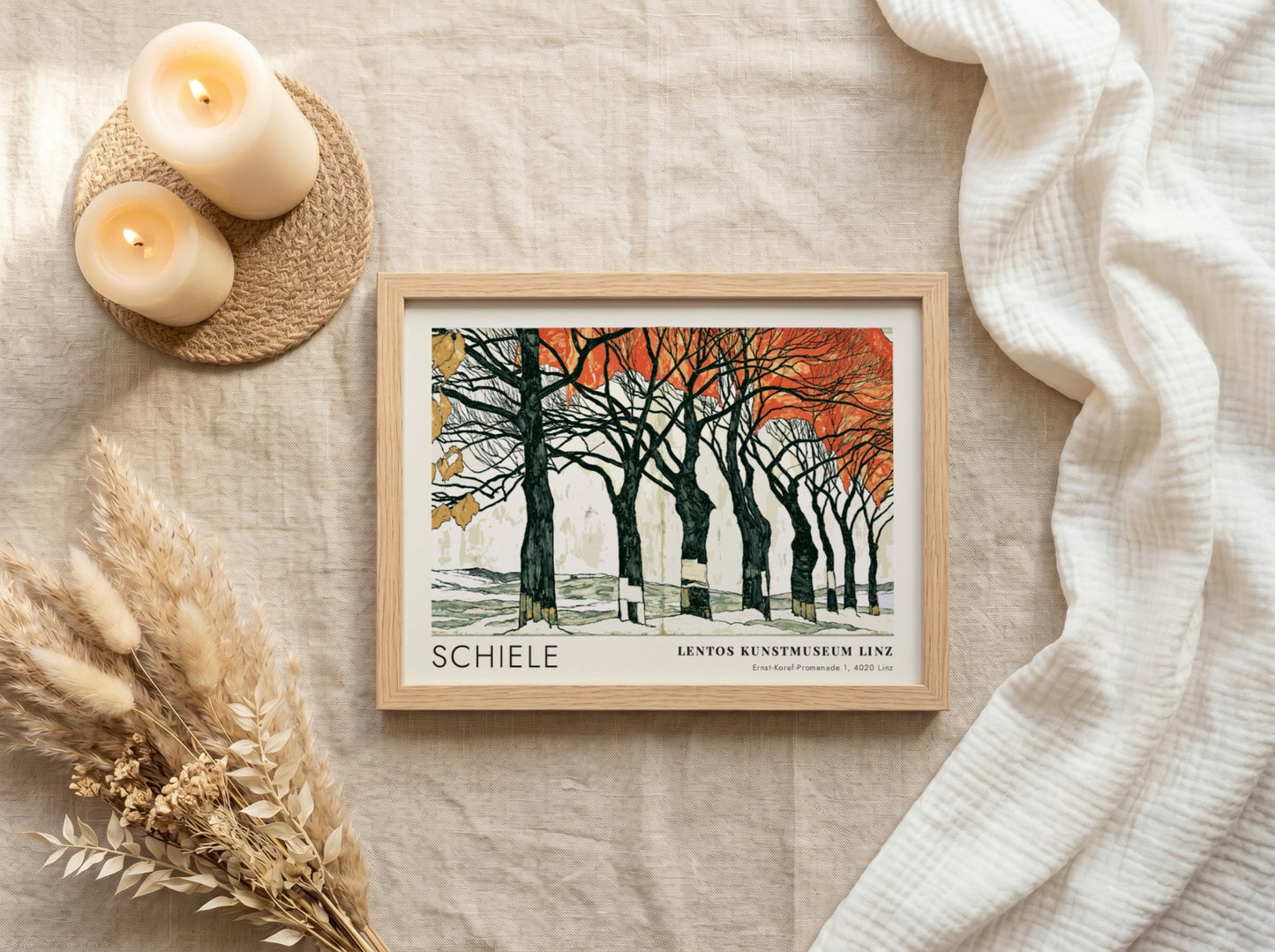 Wall art poster featuring Egon Schiele Linz exhibition artwork with dark trees and orange leaves.