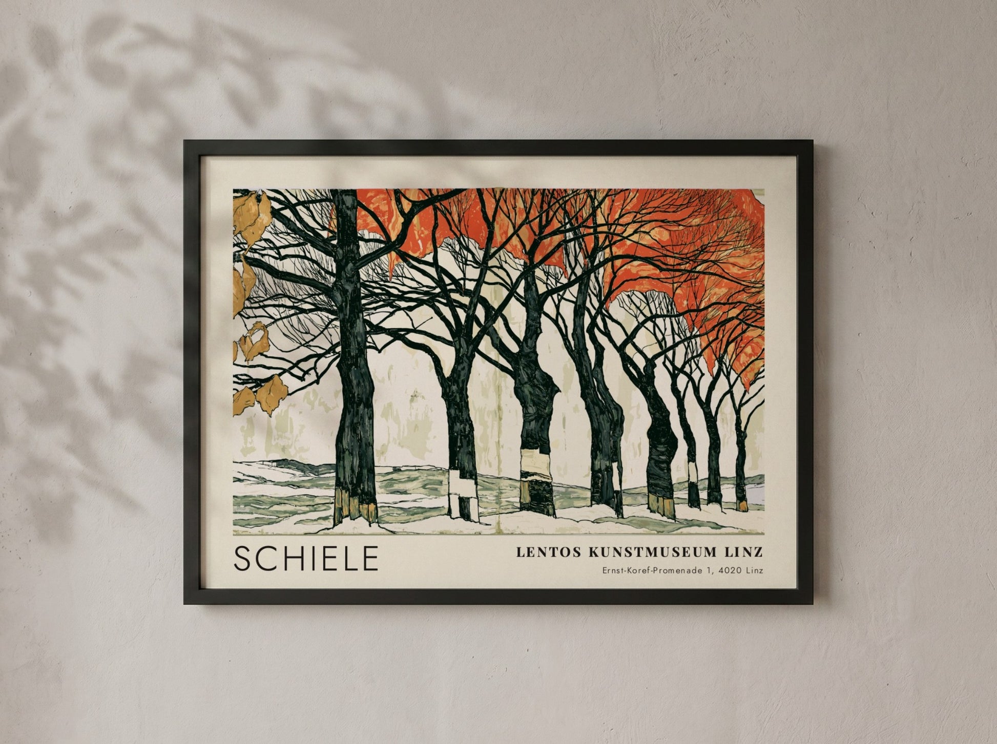 Wall art poster featuring Egon Schiele Linz exhibition artwork with dark trees and orange leaves.