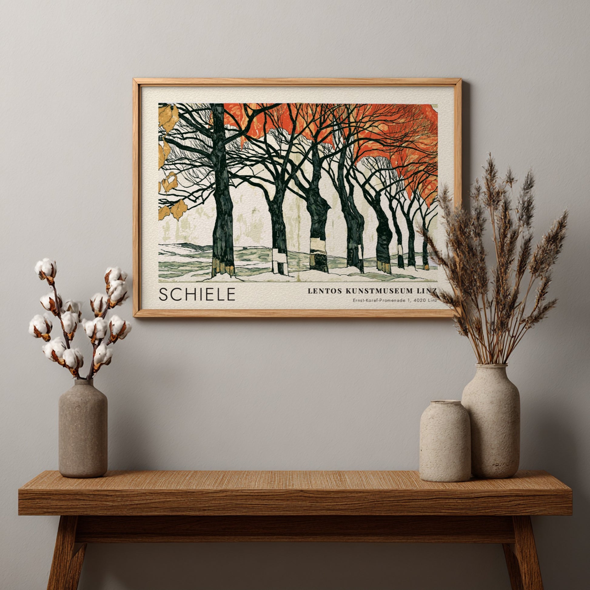 Wall art poster featuring Egon Schiele Linz exhibition artwork with dark trees and orange leaves.
