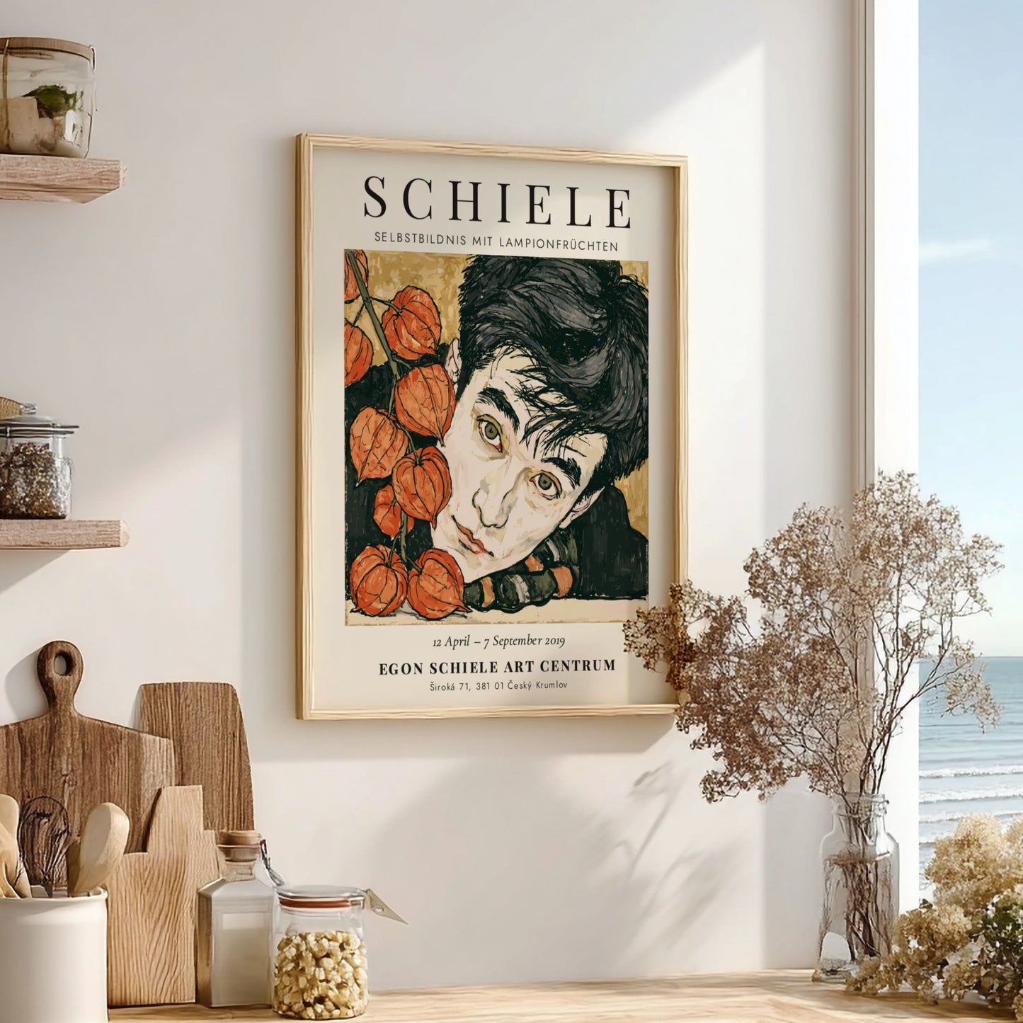 Egon Schiele exhibition poster featuring Selbstbildnis mit Lampionfrüchten, expressive lines, earthy tones,