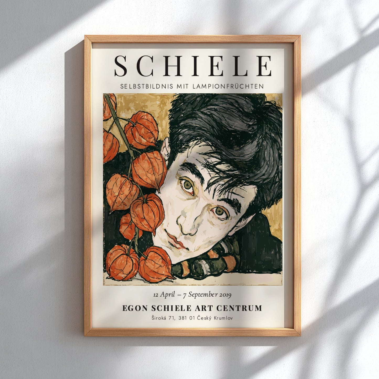 Egon Schiele exhibition poster featuring Selbstbildnis mit Lampionfrüchten, expressive lines, earthy tones,