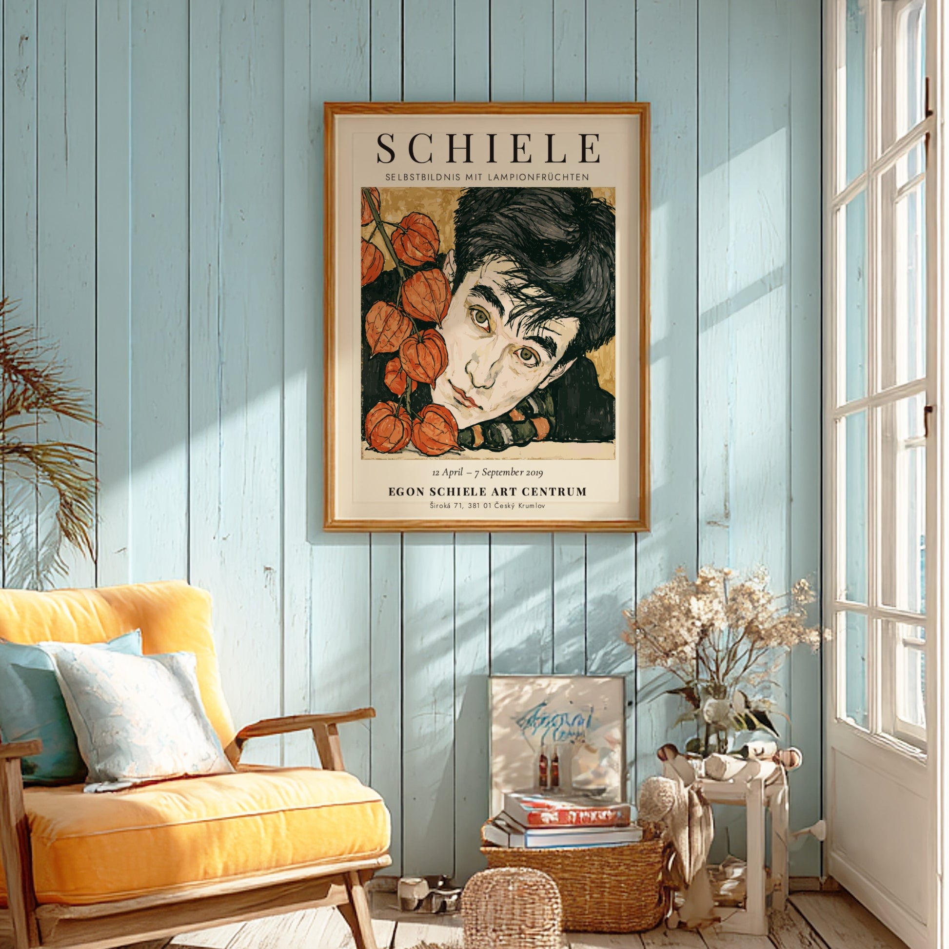 Egon Schiele exhibition poster featuring Selbstbildnis mit Lampionfrüchten, expressive lines, earthy tones,