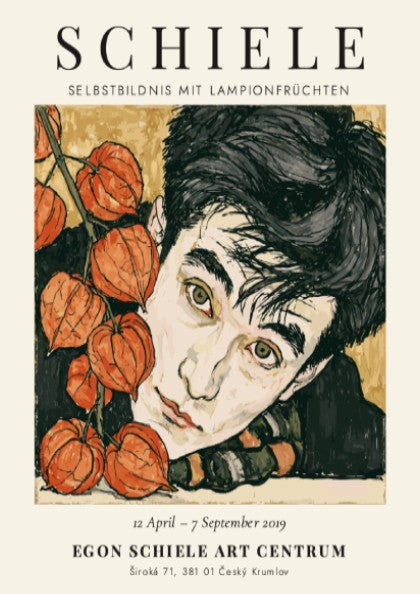 Egon Schiele exhibition poster featuring Selbstbildnis mit Lampionfrüchten, expressive lines, earthy tones,