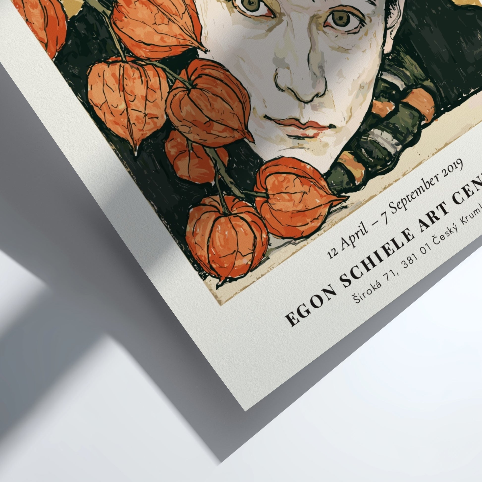 Egon Schiele exhibition poster featuring Selbstbildnis mit Lampionfrüchten, expressive lines, earthy tones,
