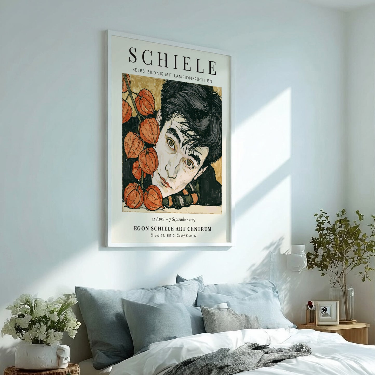 Egon Schiele exhibition poster featuring Selbstbildnis mit Lampionfrüchten, expressive lines, earthy tones,