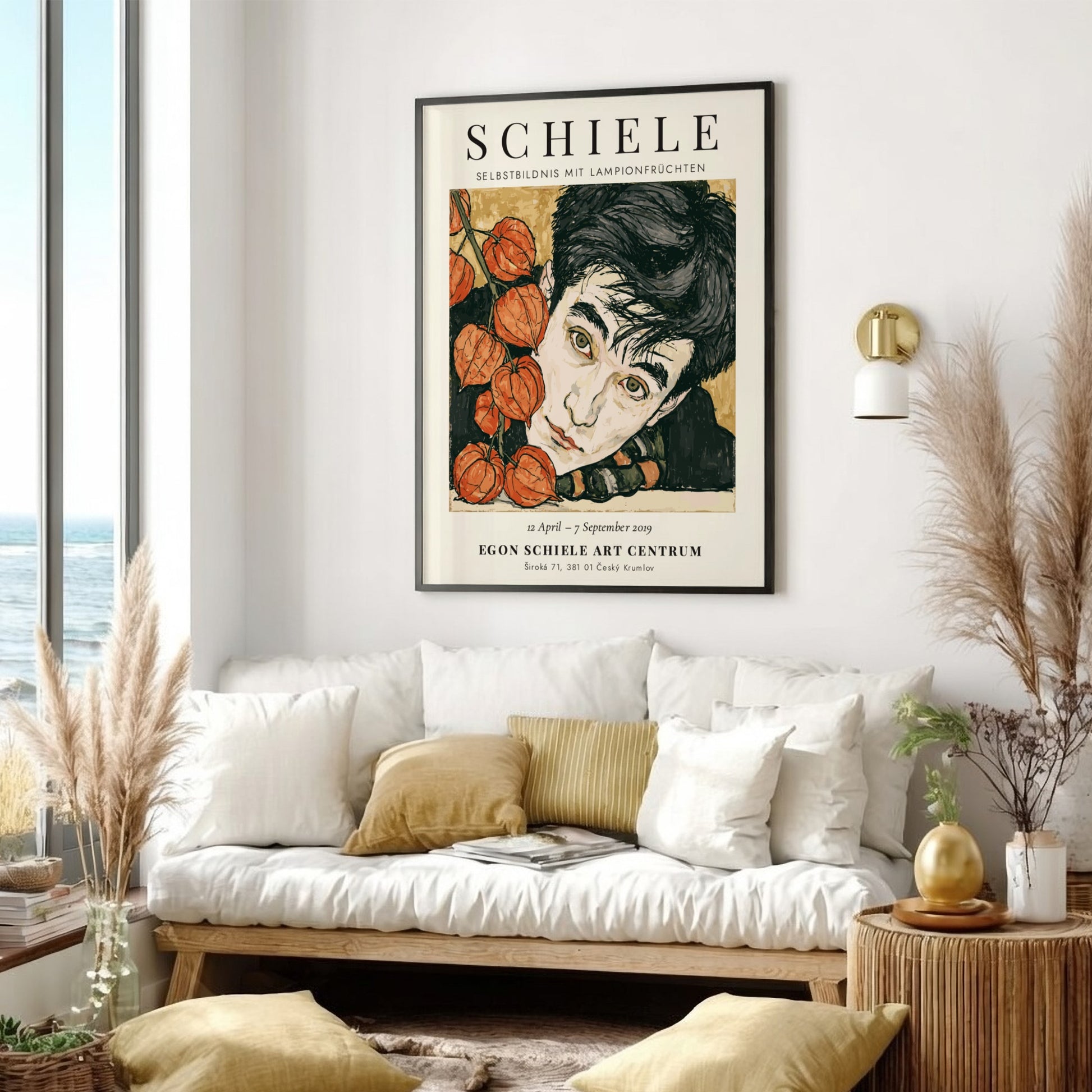 Egon Schiele exhibition poster featuring Selbstbildnis mit Lampionfrüchten, expressive lines, earthy tones,