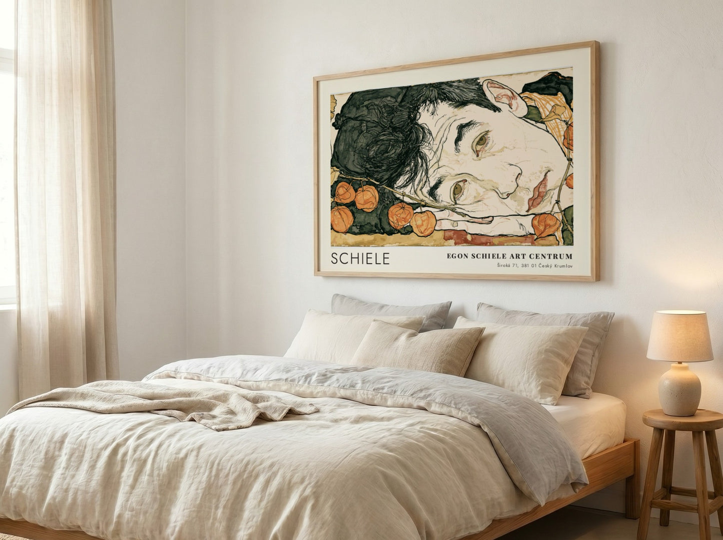 Wall art poster featuring Egon Schiele Self Portrait with Physalis in a wooden frame