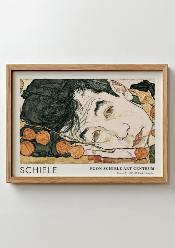 Wall art poster featuring Egon Schiele Self Portrait with Physalis in a wooden frame