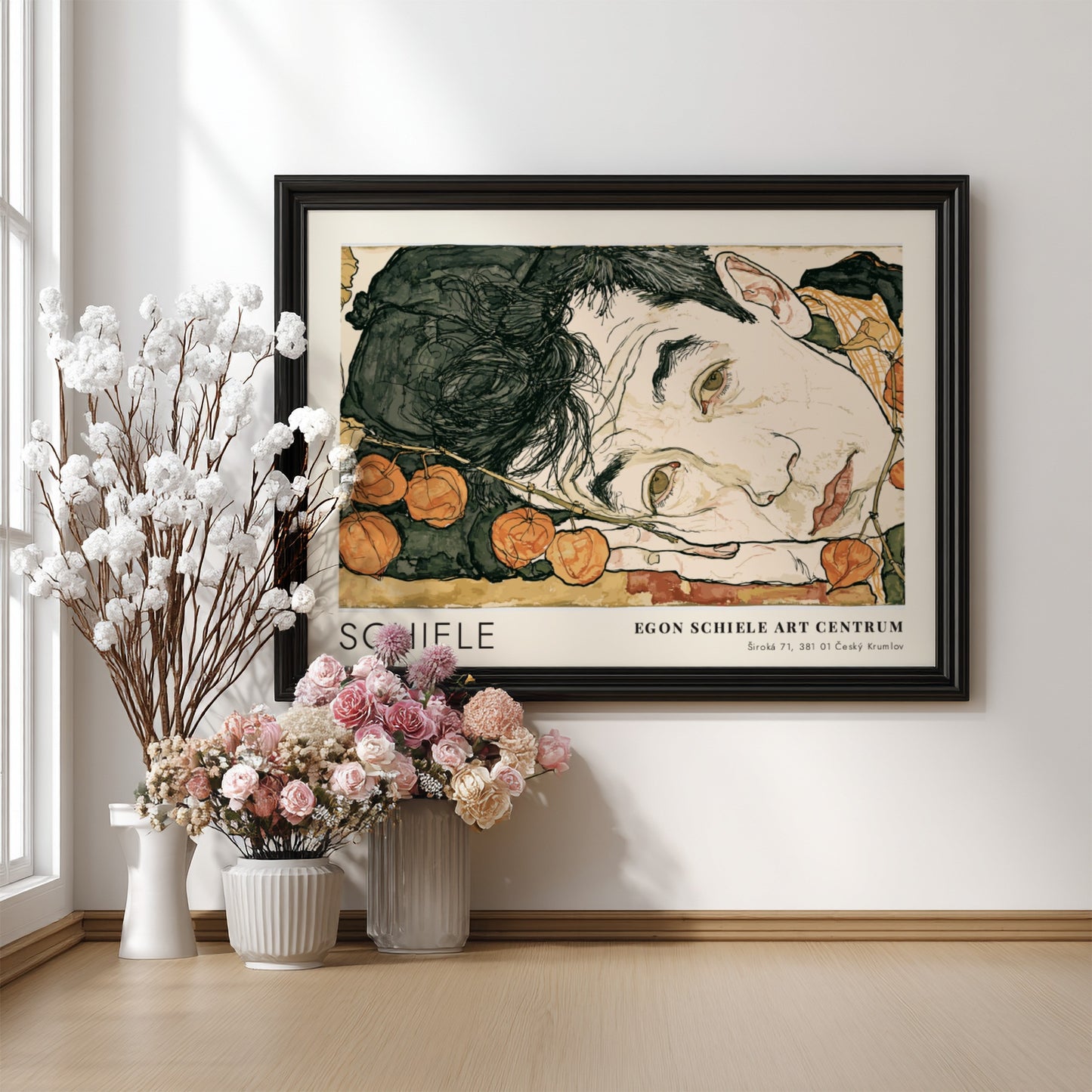 Wall art poster featuring Egon Schiele Self Portrait with Physalis in a wooden frame