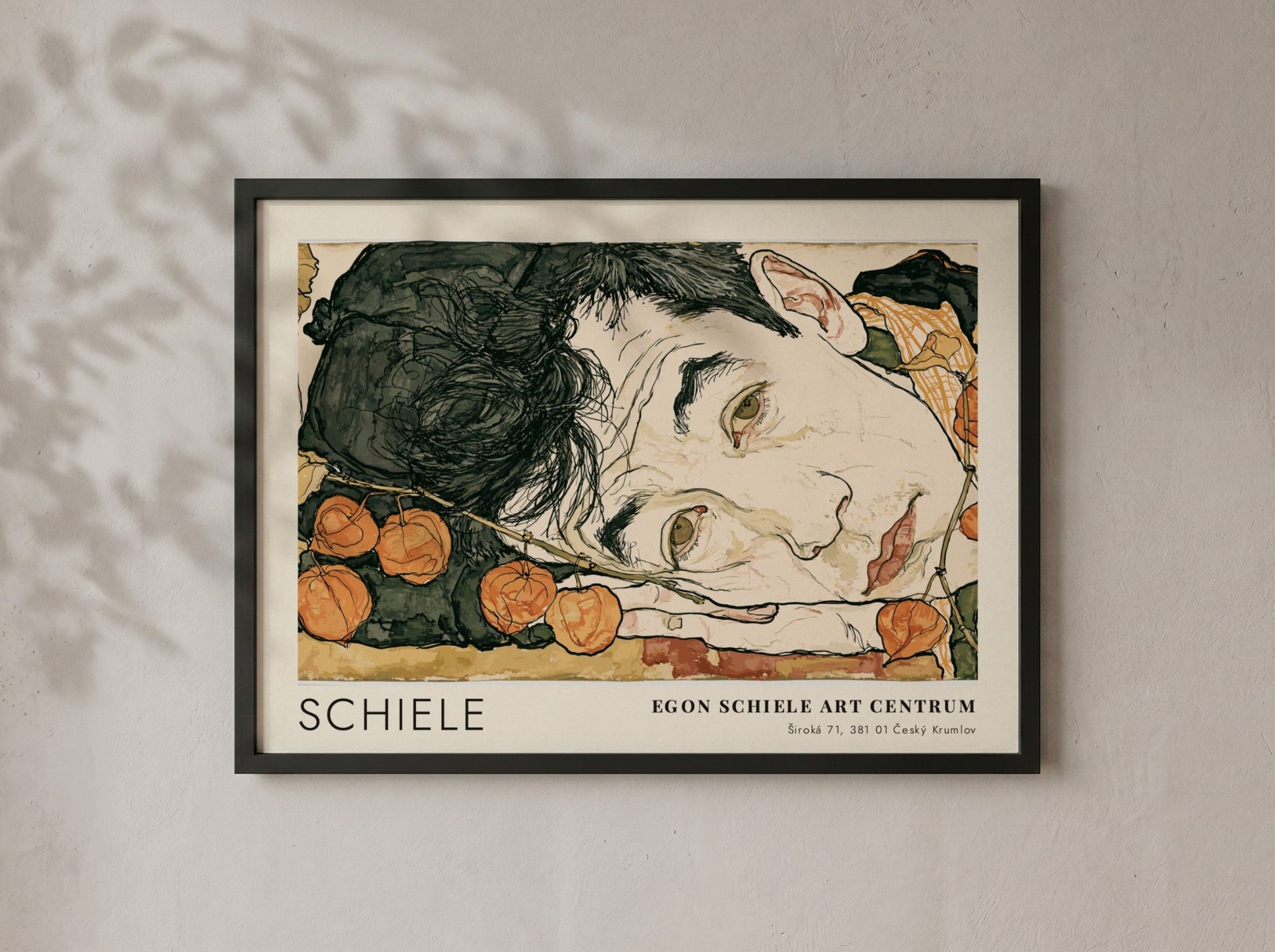 Wall art poster featuring Egon Schiele Self Portrait with Physalis in a wooden frame
