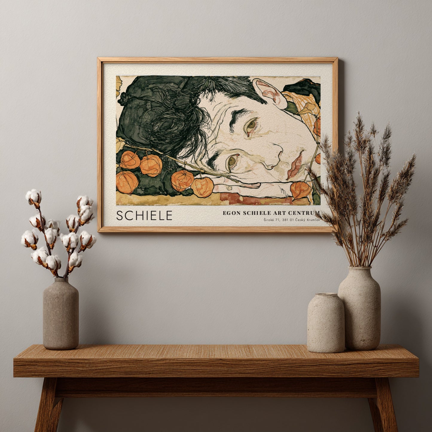 Wall art poster featuring Egon Schiele Self Portrait with Physalis in a wooden frame