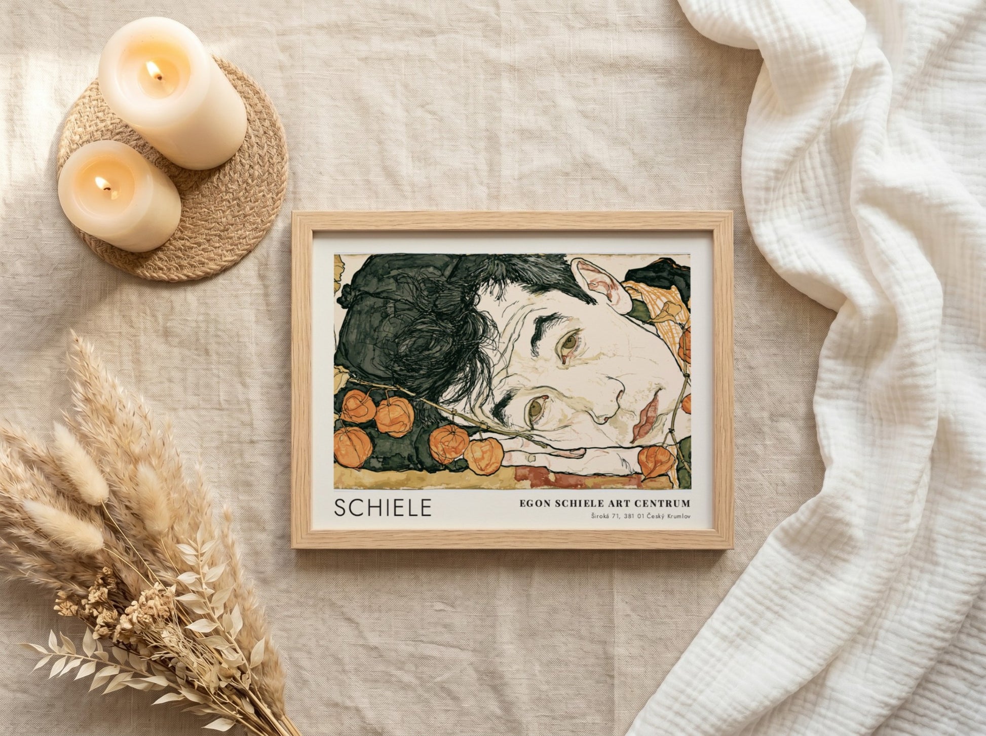 Wall art poster featuring Egon Schiele Self Portrait with Physalis in a wooden frame