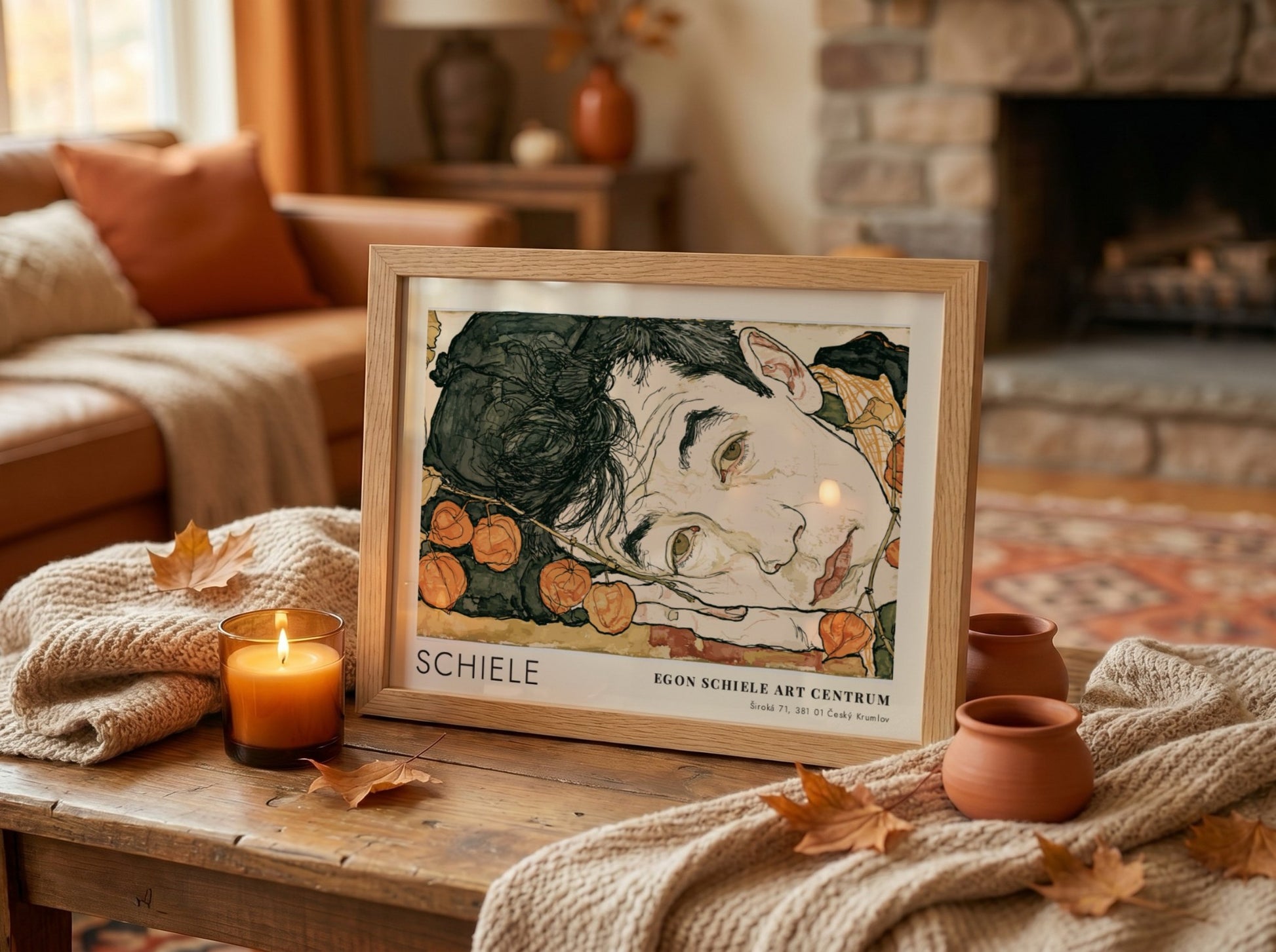 Wall art poster featuring Egon Schiele Self Portrait with Physalis in a wooden frame