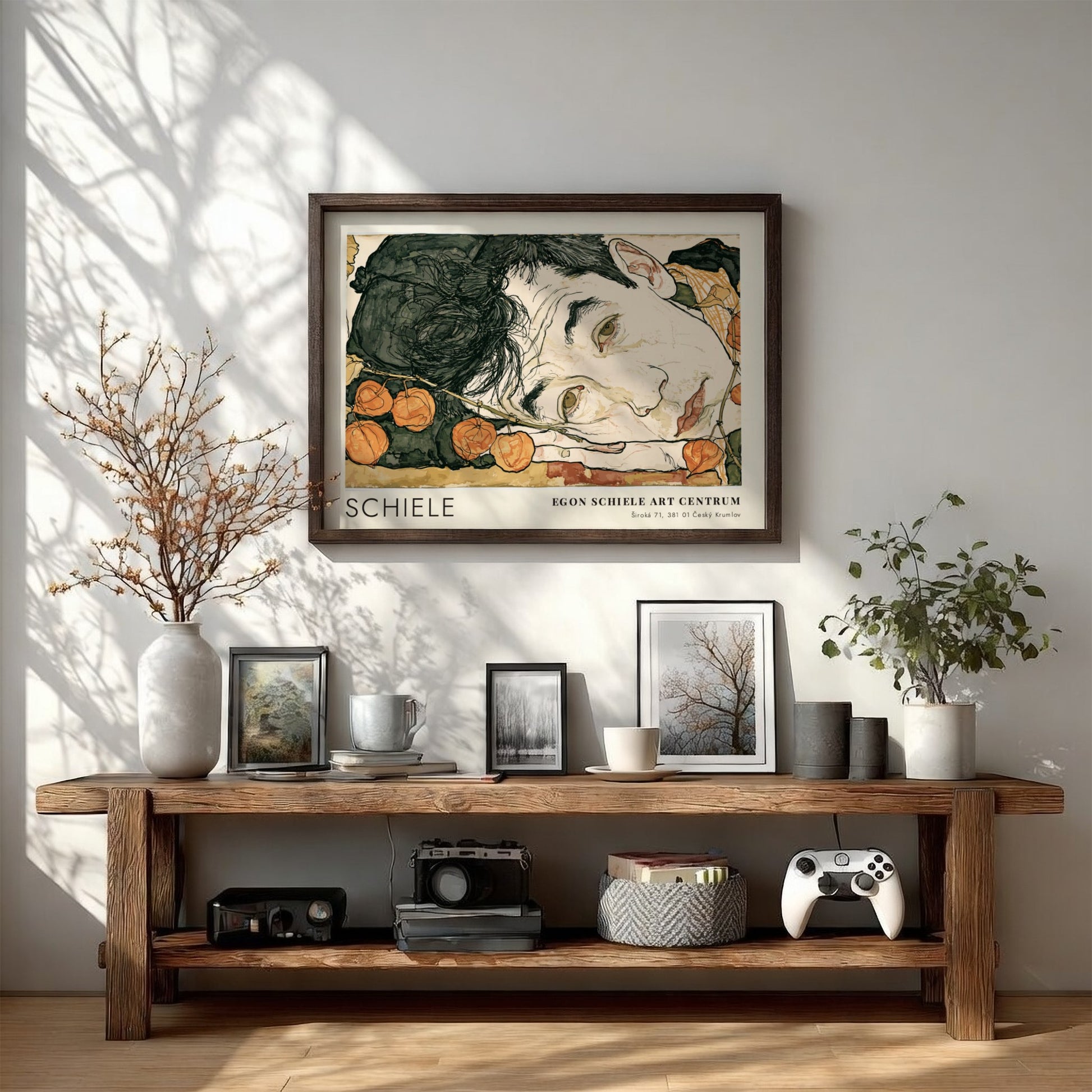 Wall art poster featuring Egon Schiele Self Portrait with Physalis in a wooden frame