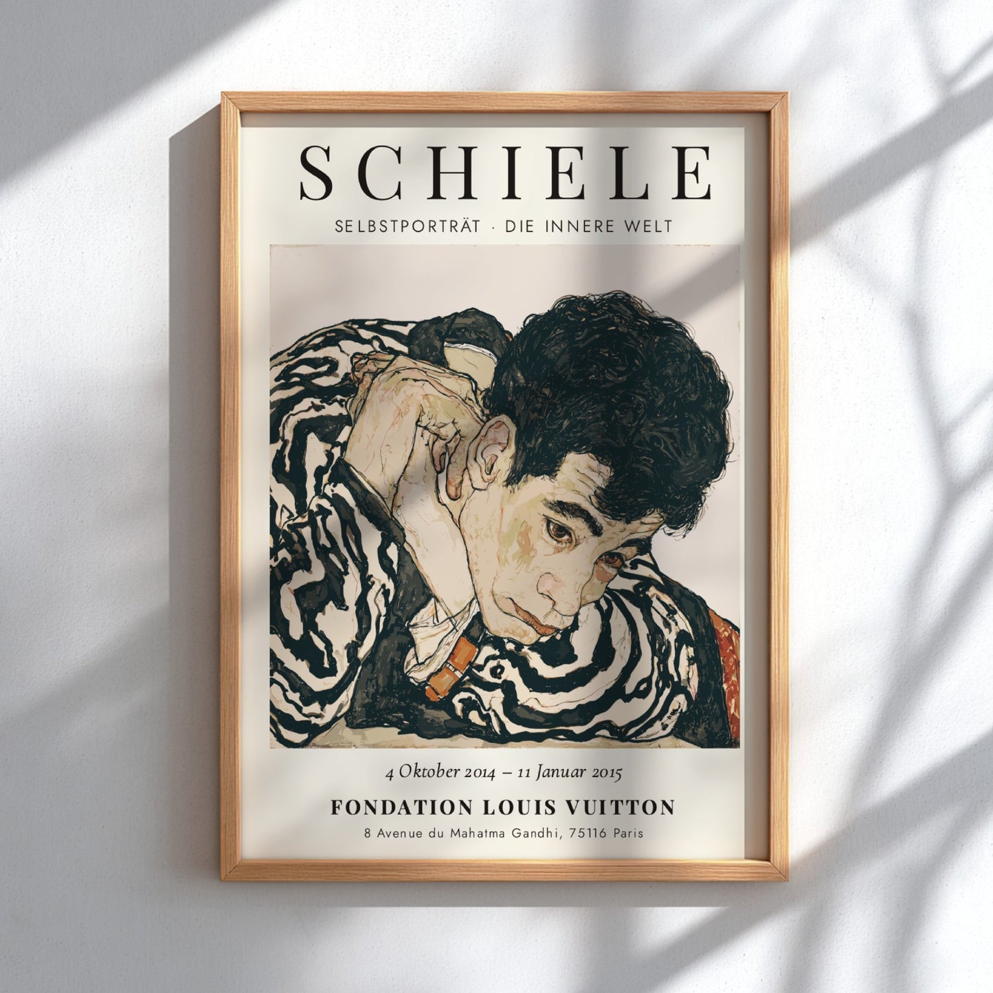 Egon Schiele exhibition poster featuring Selbstporträt Die Innere Welt with expressive colors and bold lines