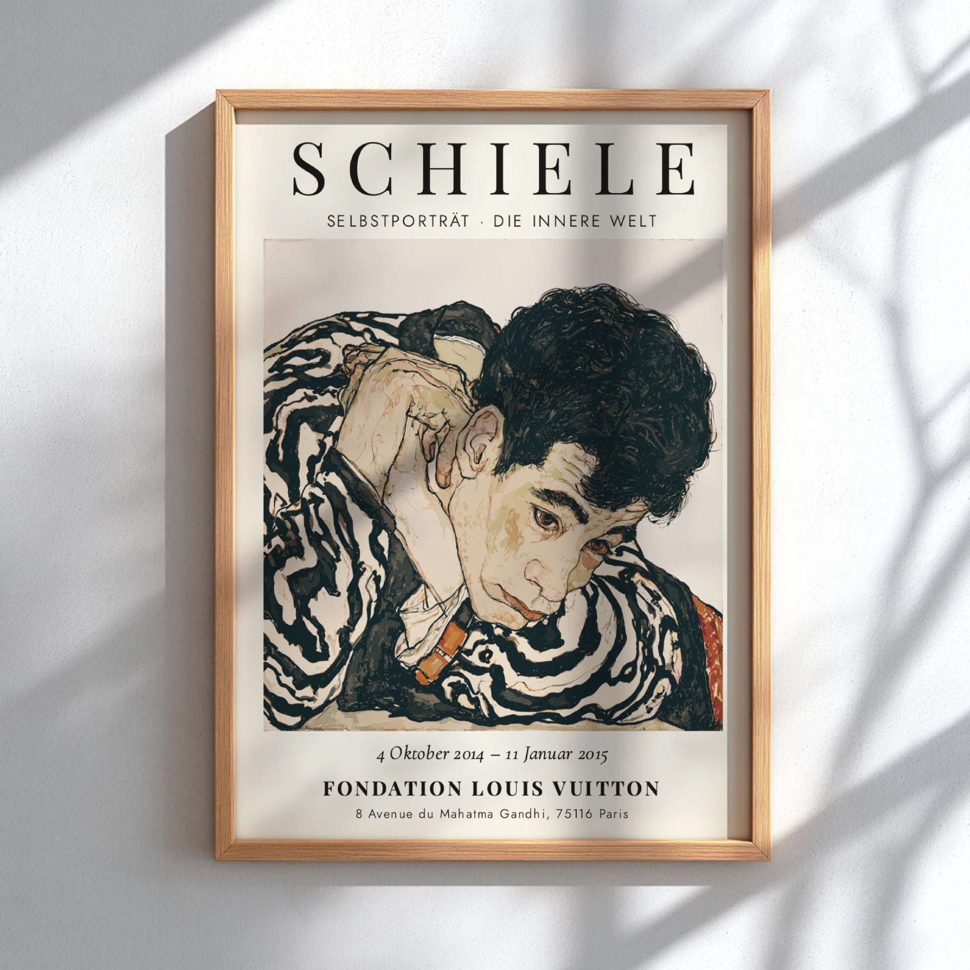 Egon Schiele exhibition poster featuring Selbstporträt Die Innere Welt with expressive colors and bold lines