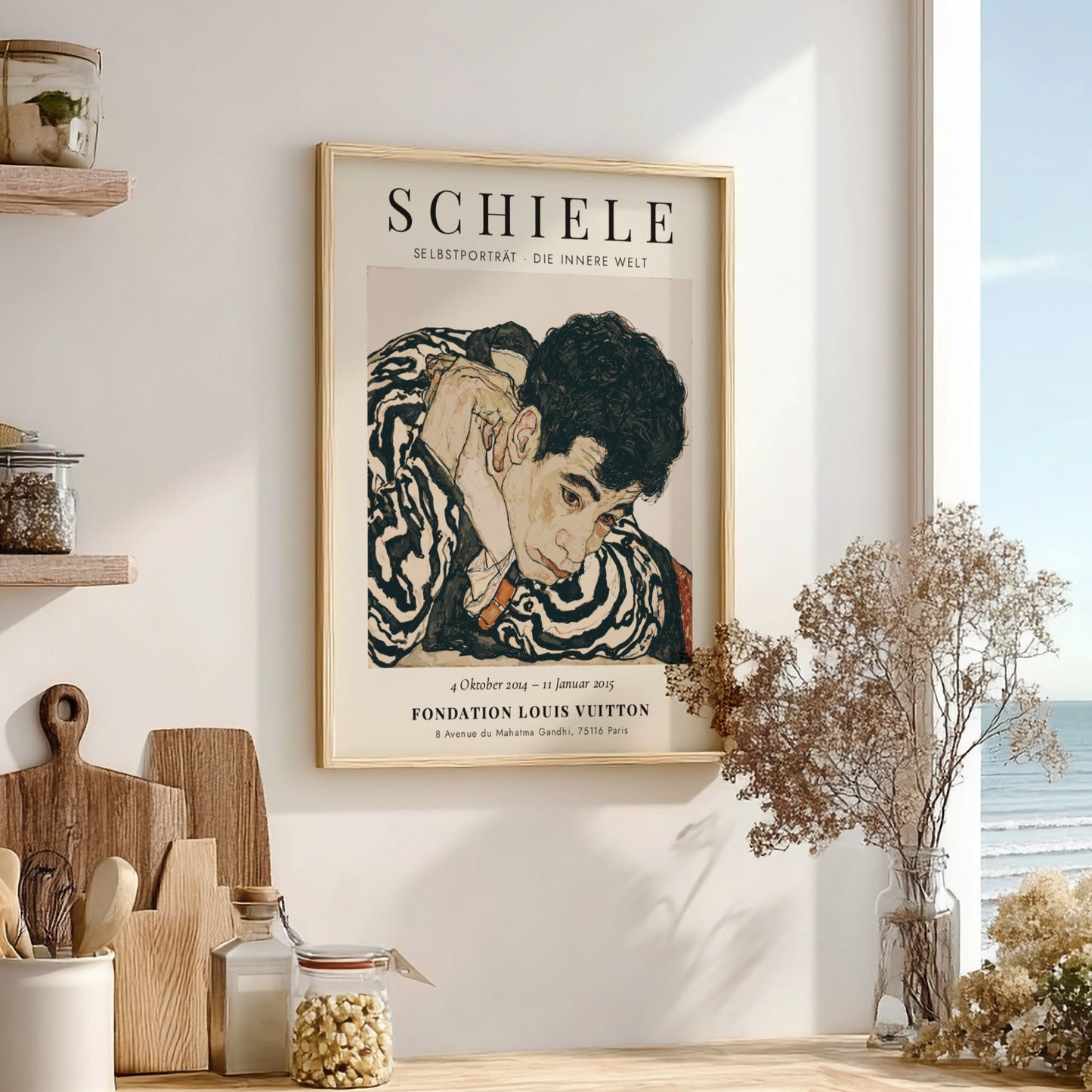 Egon Schiele exhibition poster featuring Selbstporträt Die Innere Welt with expressive colors and bold lines