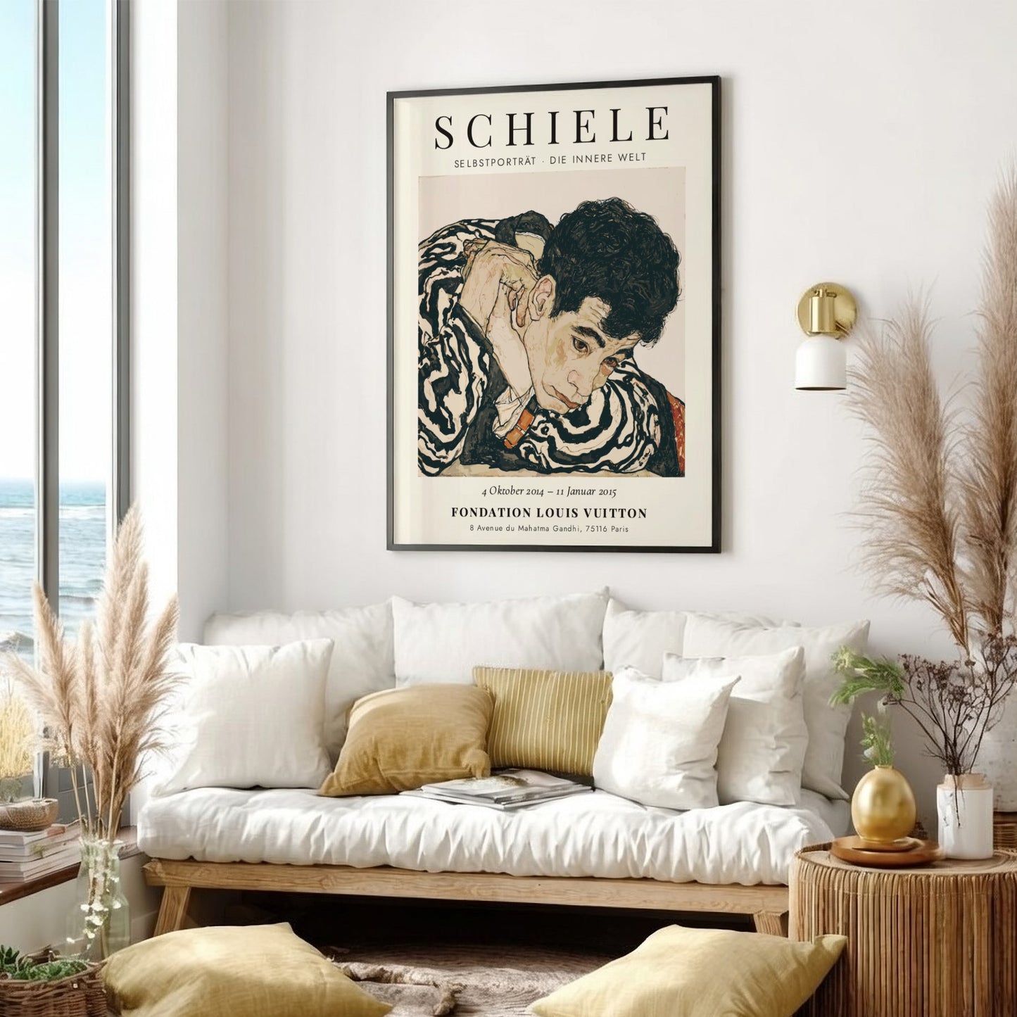 Egon Schiele exhibition poster featuring Selbstporträt Die Innere Welt with expressive colors and bold lines