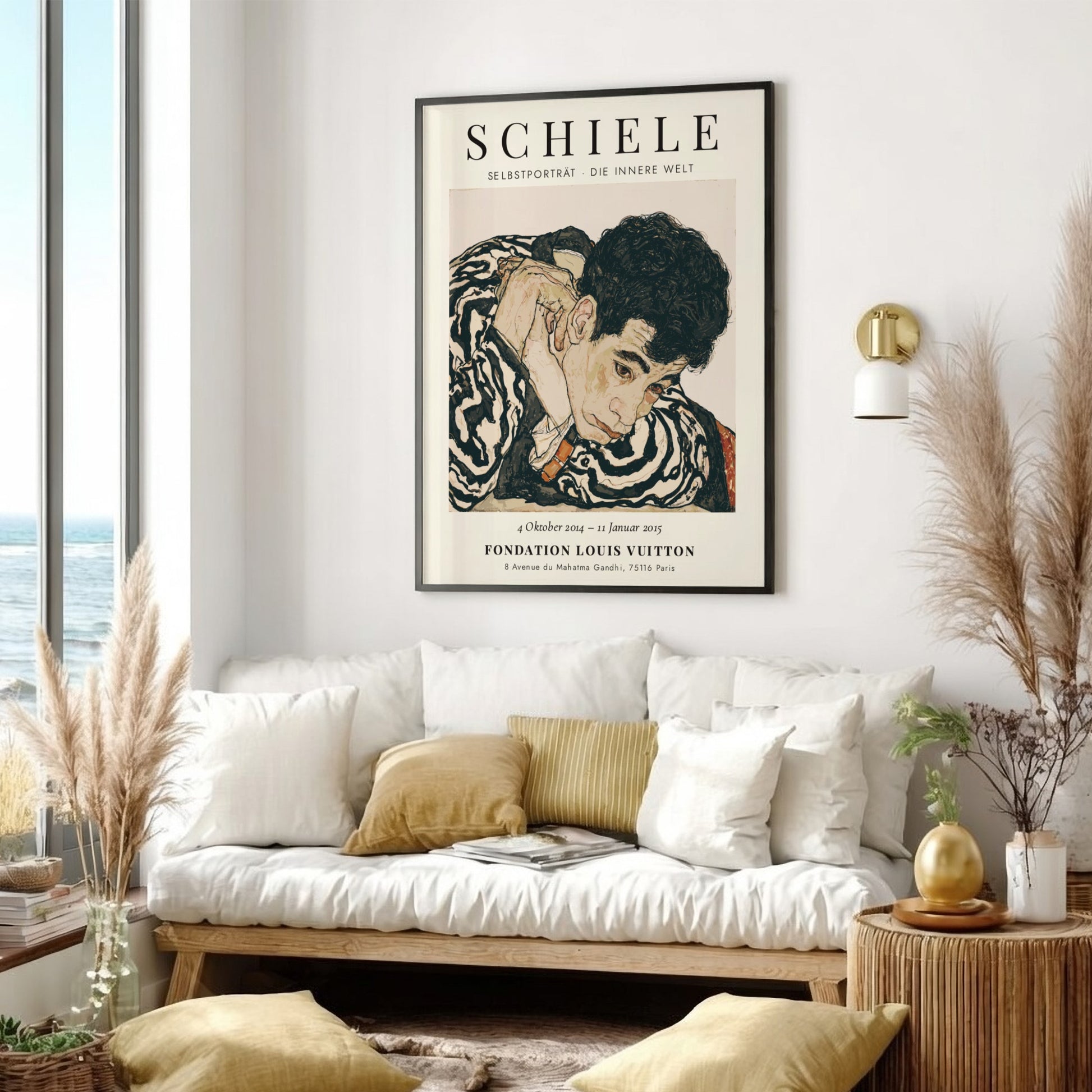 Egon Schiele exhibition poster featuring Selbstporträt Die Innere Welt with expressive colors and bold lines
