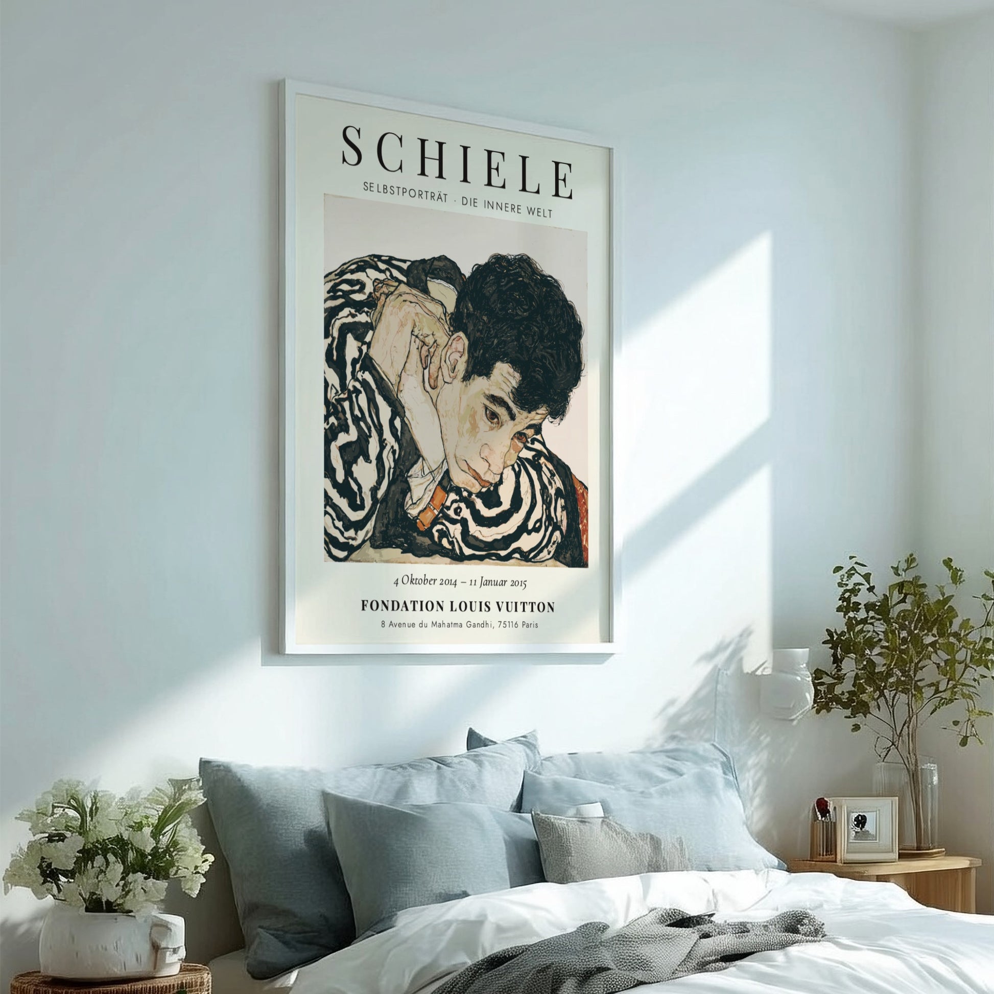 Egon Schiele exhibition poster featuring Selbstporträt Die Innere Welt with expressive colors and bold lines