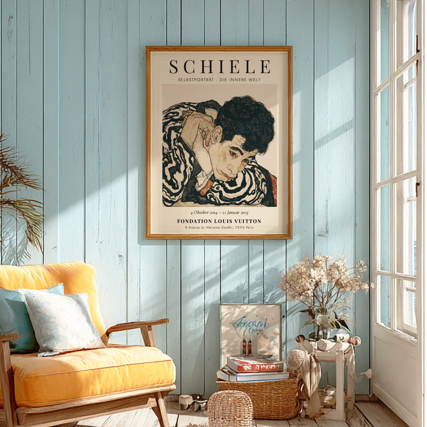 Egon Schiele exhibition poster featuring Selbstporträt Die Innere Welt with expressive colors and bold lines