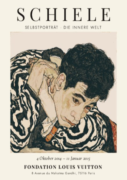 Egon Schiele exhibition poster featuring Selbstporträt Die Innere Welt with expressive colors and bold lines