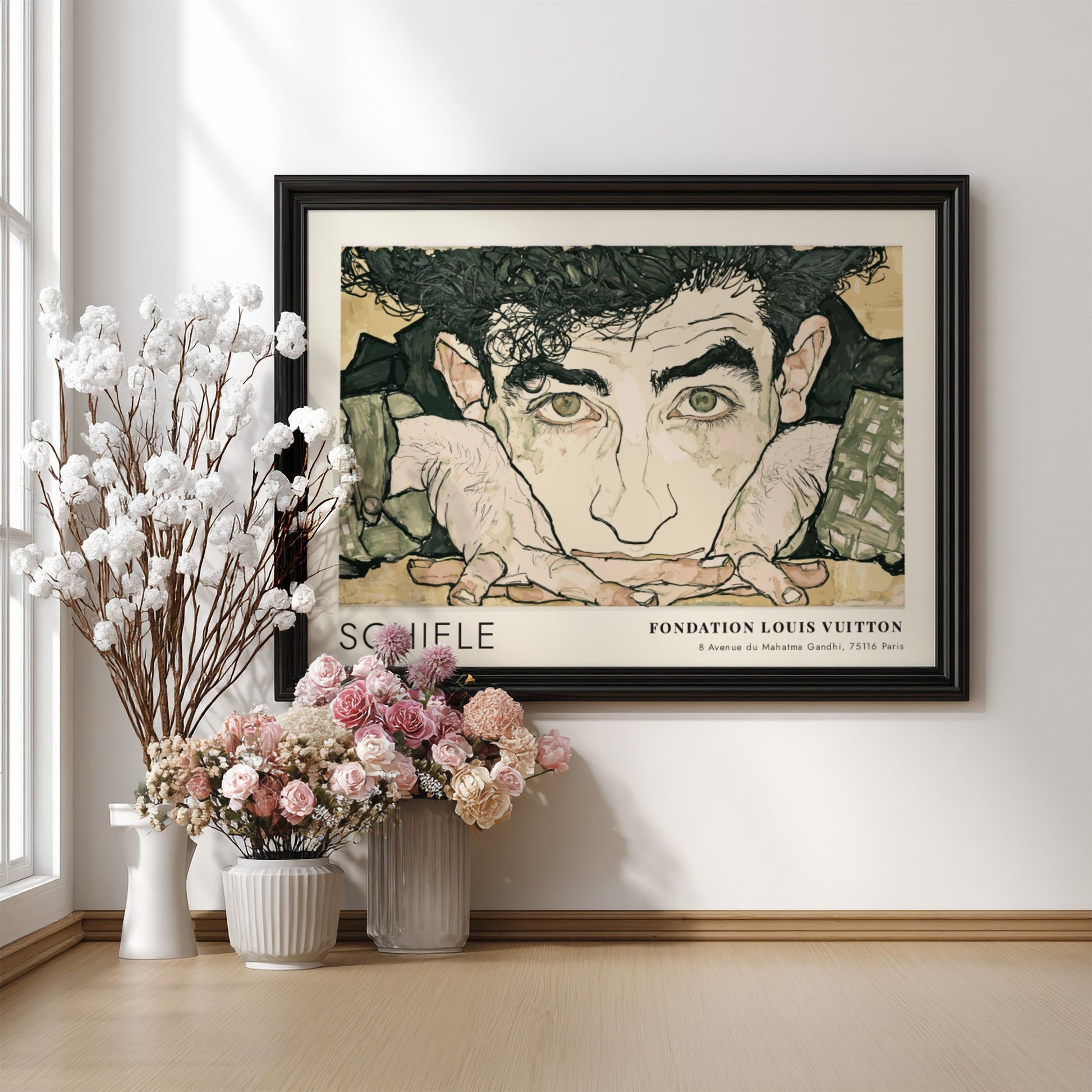 Wall art poster of Egon Schiele Selbstporträt featuring expressive ink lines and muted tones.