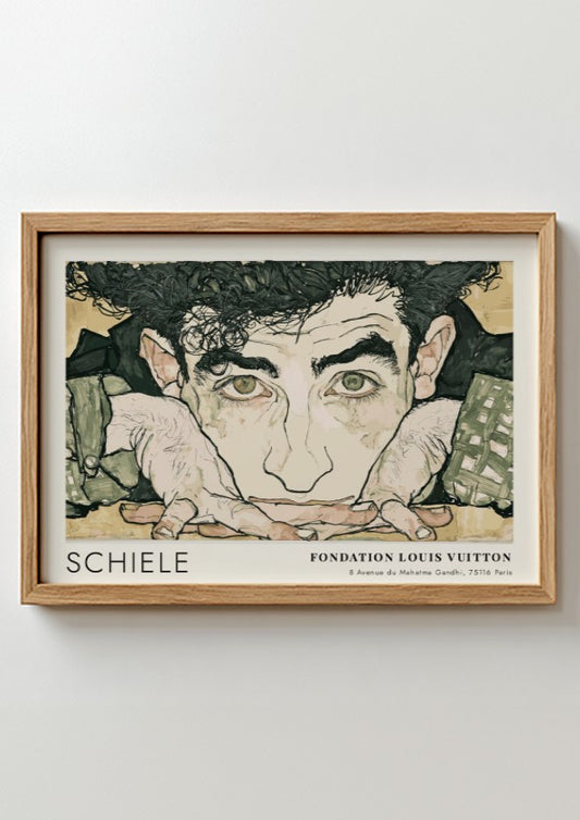 Wall art poster of Egon Schiele Selbstporträt featuring expressive ink lines and muted tones.