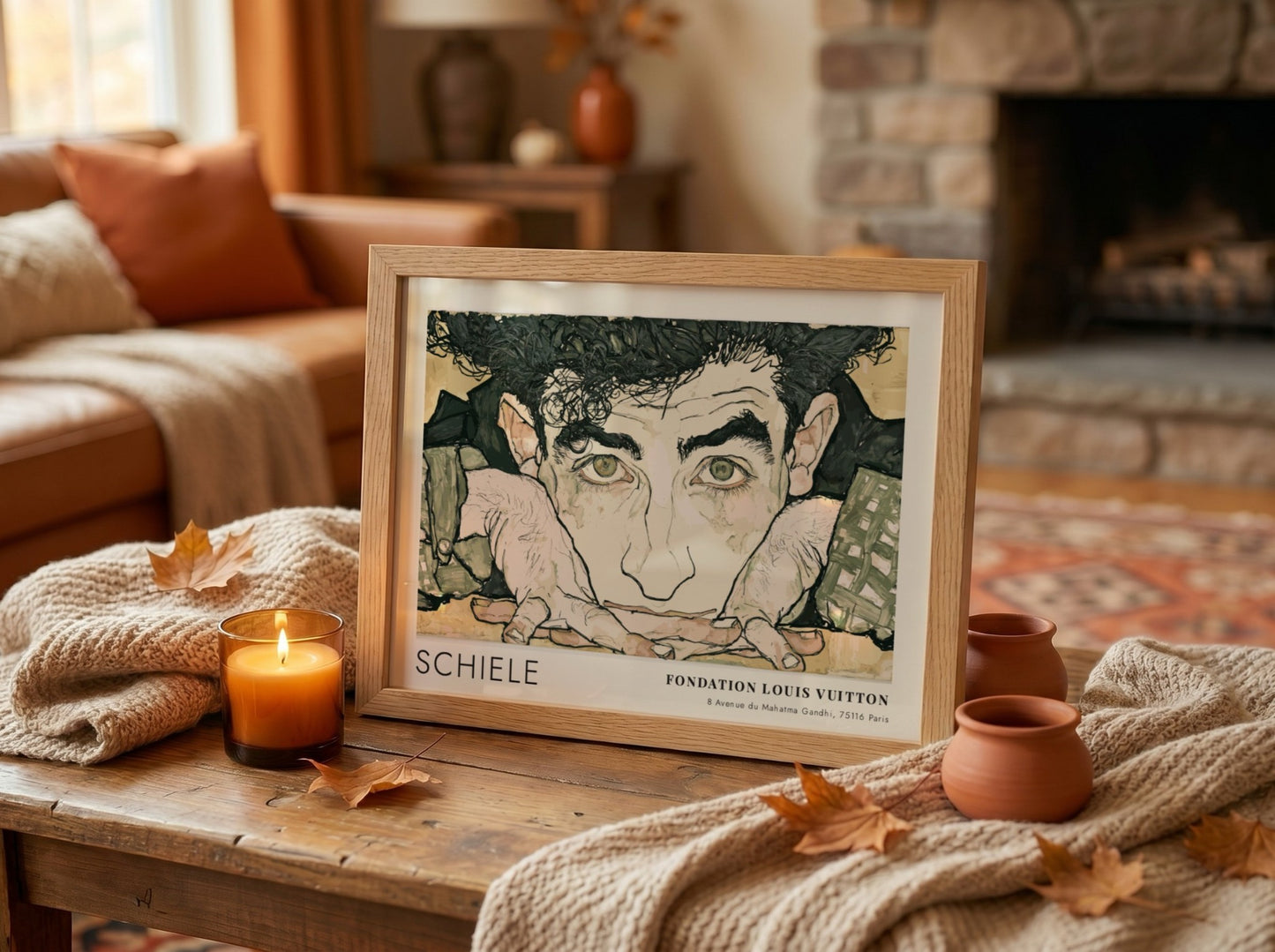 Wall art poster of Egon Schiele Selbstporträt featuring expressive ink lines and muted tones.