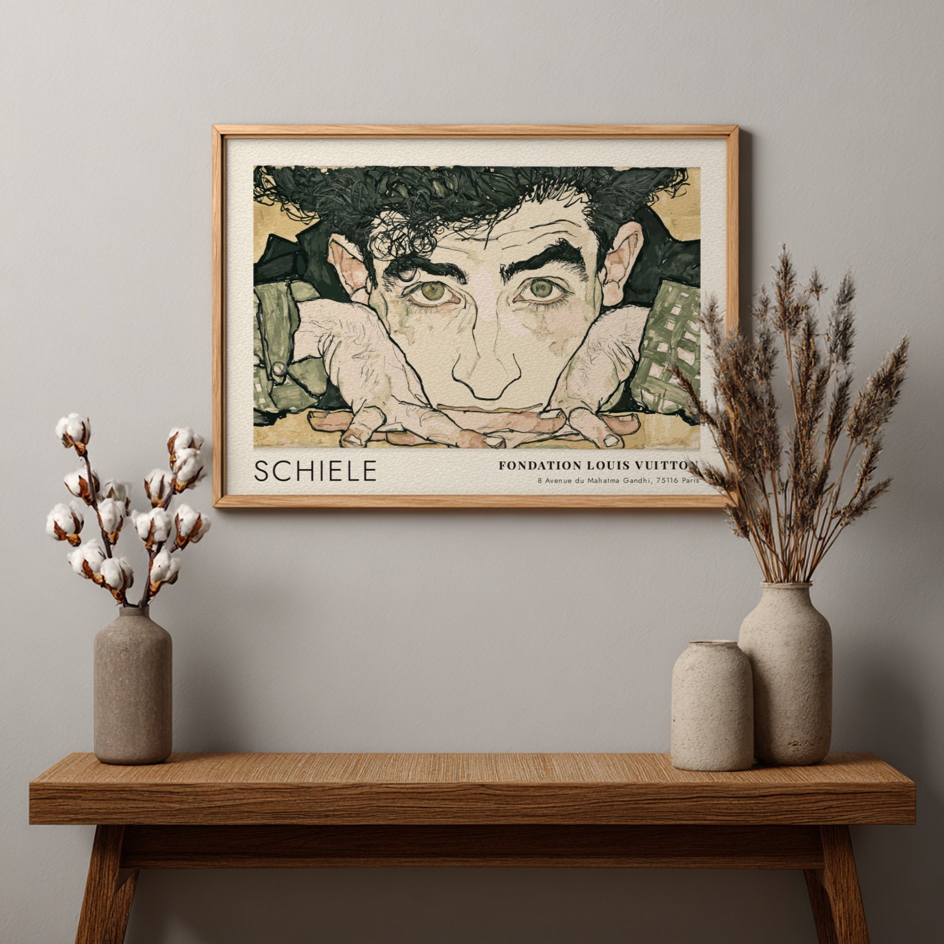 Wall art poster of Egon Schiele Selbstporträt featuring expressive ink lines and muted tones.