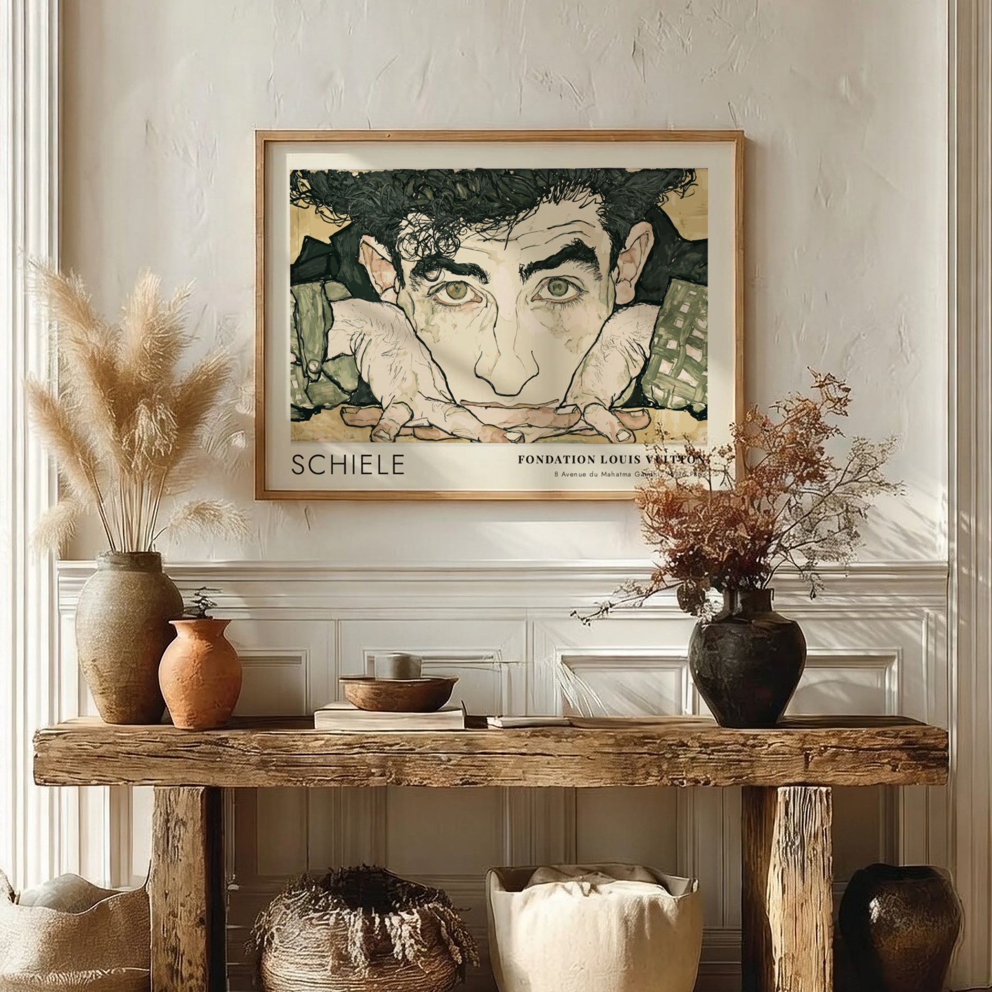 Wall art poster of Egon Schiele Selbstporträt featuring expressive ink lines and muted tones.