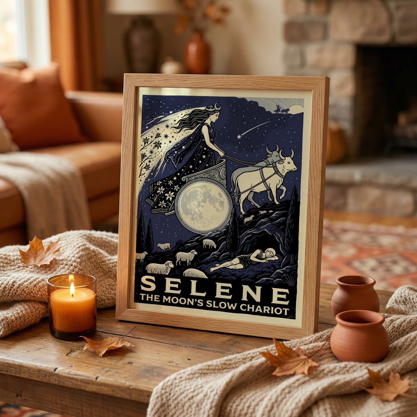 Selene Greek Mythology Poster featuring the moon goddess in her chariot pulled by oxen against a starry night