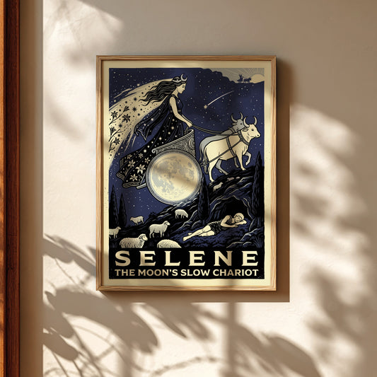 Selene Greek Mythology Poster featuring the moon goddess in her chariot pulled by oxen against a starry night