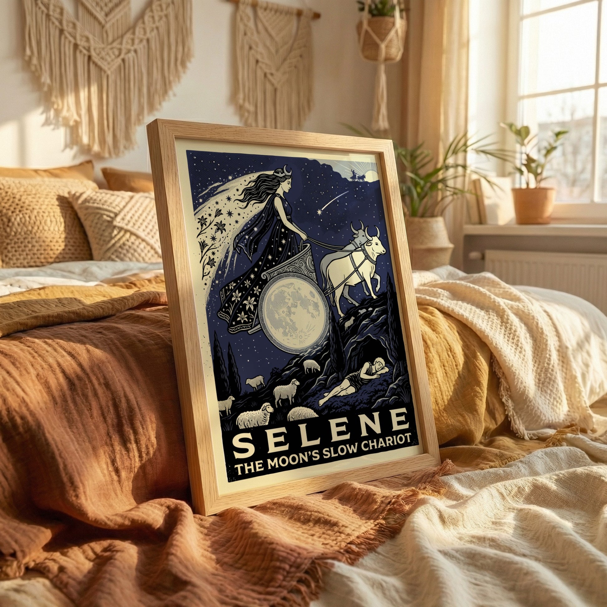 Selene Greek Mythology Poster featuring the moon goddess in her chariot pulled by oxen against a starry night